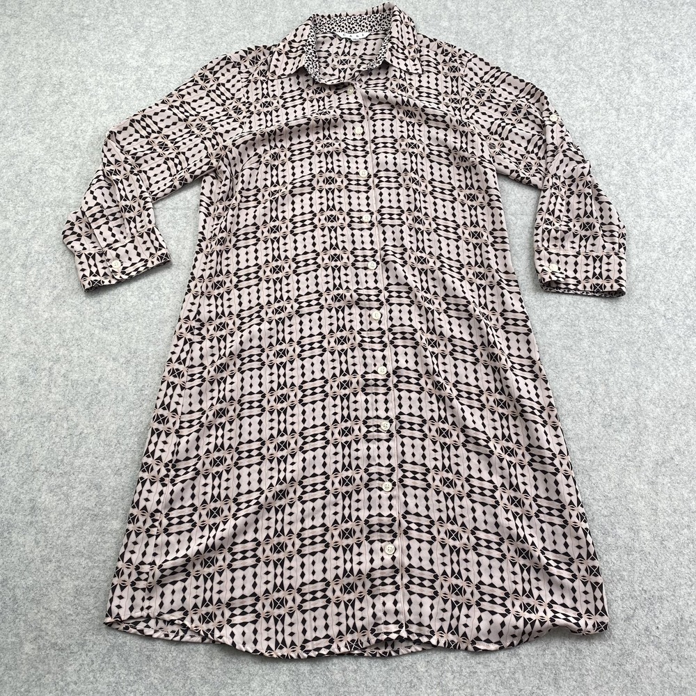 CAbi Shirt Dress Womens Medium Beige Geometric Print Button Front 3/4 Sleeve